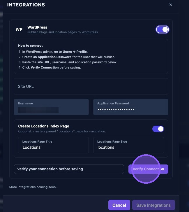 Screenshot showing WordPress integration fields