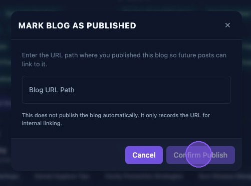 Screenshot showing the Mark Blog as Published window