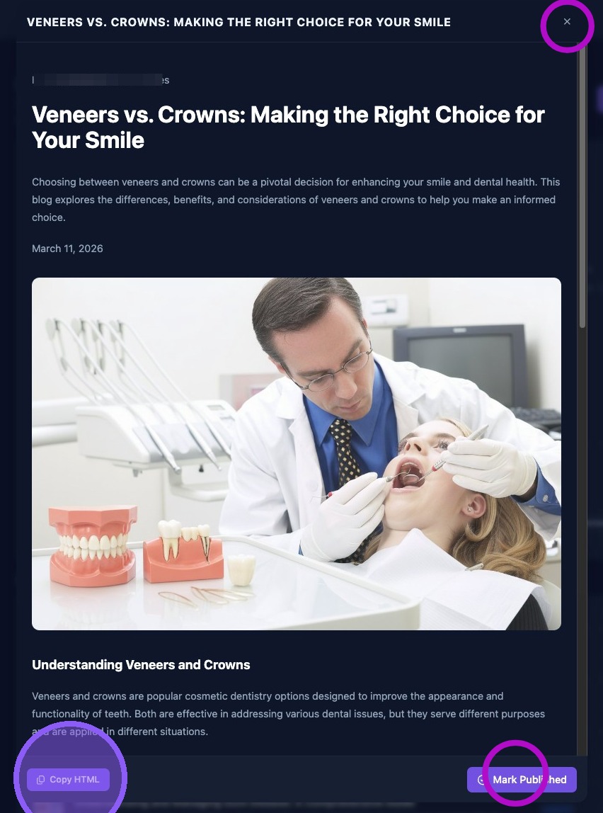 Screenshot showing the draft blog preview and Copy HTML button