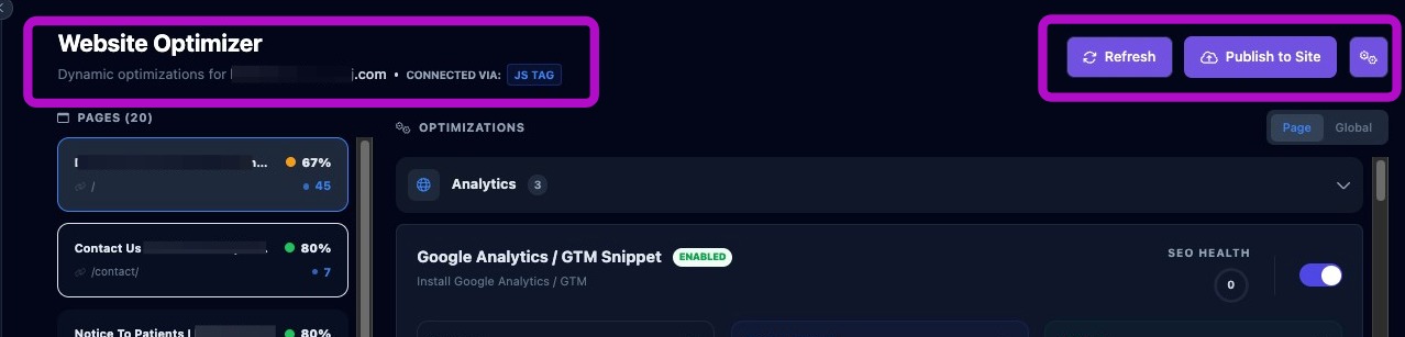 Screenshot showing the top controls of the Website Optimizer page