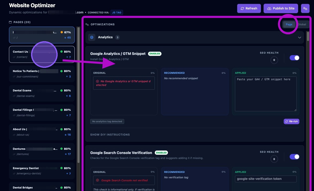 Screenshot showing suggested optimizations for a selected page