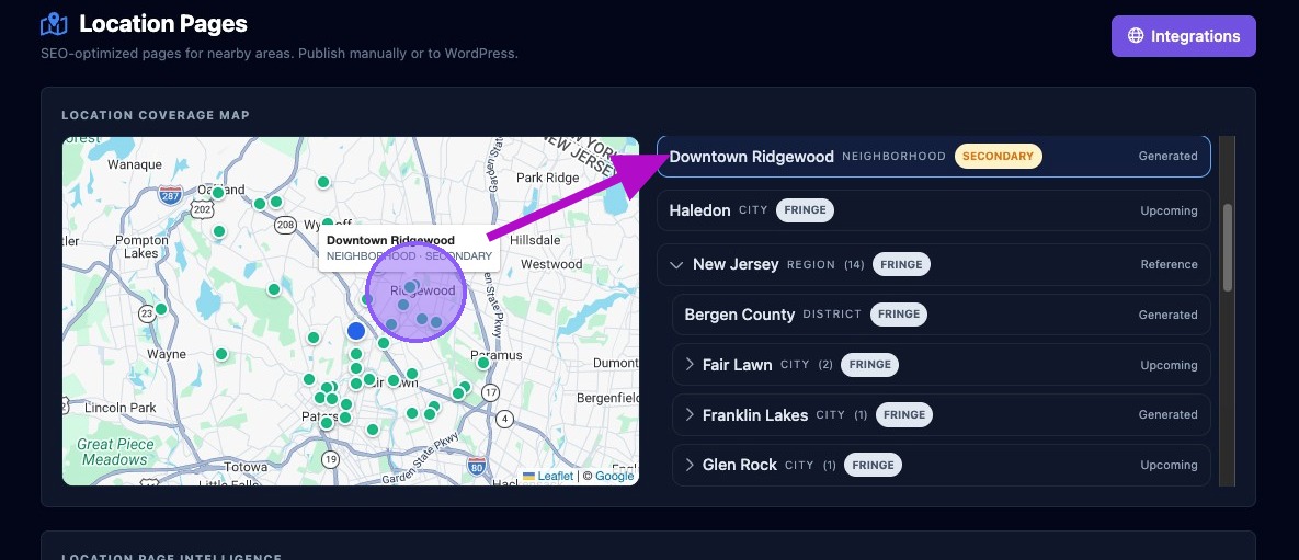 Screenshot showing the hierarchical Location Pages list