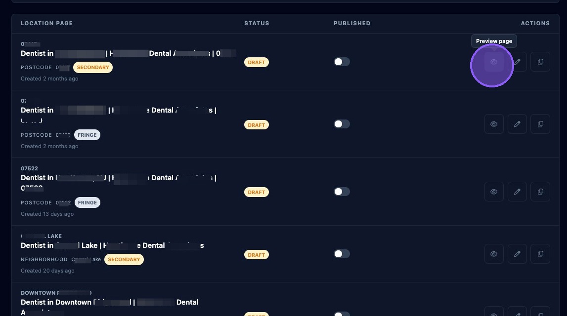 Screenshot showing the Location Pages list and action buttons