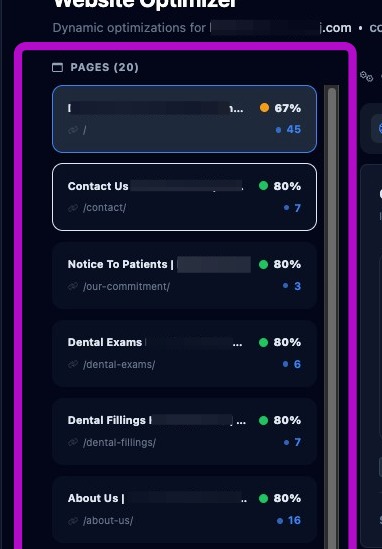 Screenshot showing the Website Optimizer page list