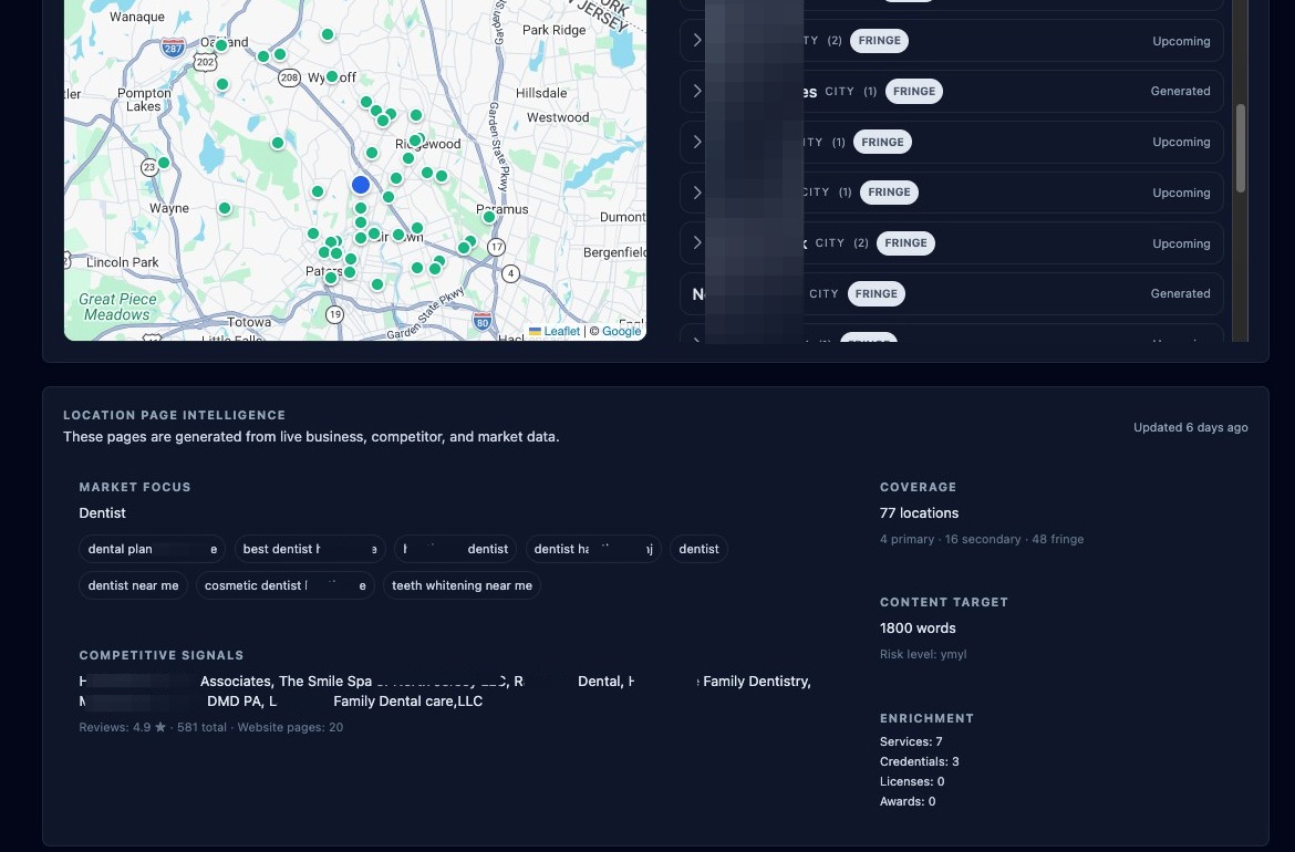Screenshot showing the Location Pages dashboard panes