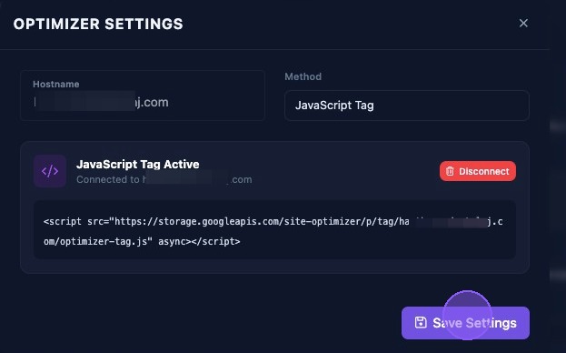 Screenshot showing optimizer connection settings