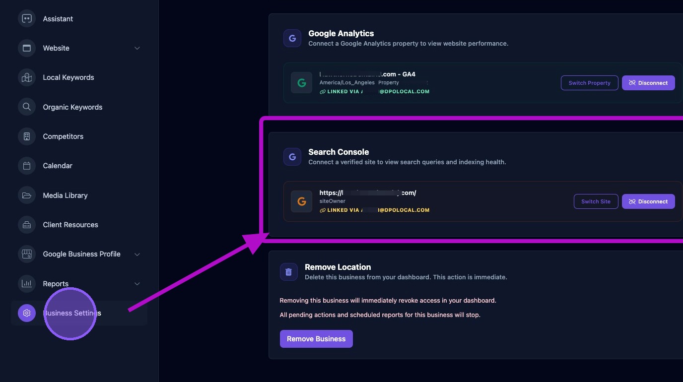 Screenshot showing Search Console site connection controls