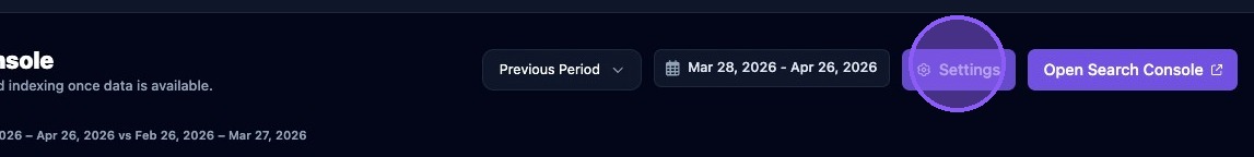 Screenshot showing the Search Console Settings button