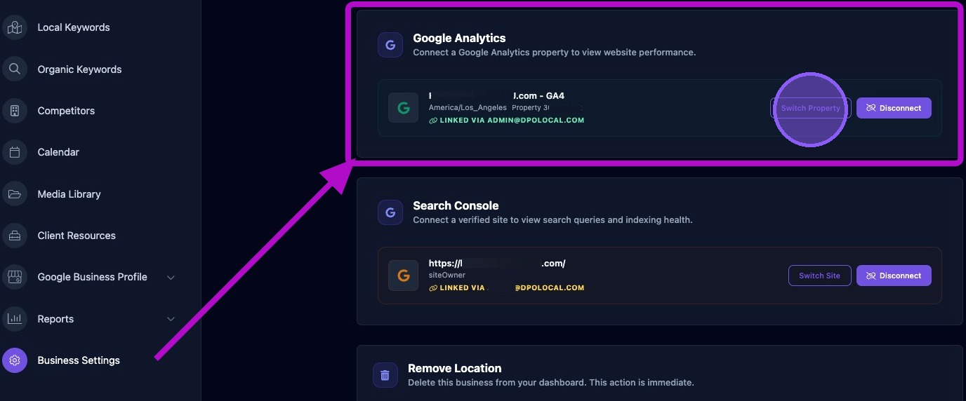 Screenshot showing Google Analytics property connection controls