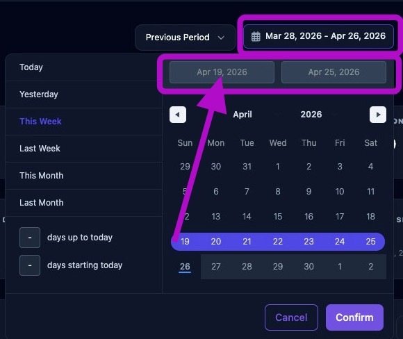 Screenshot showing the Confirm button for the selected date range