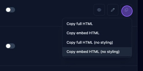 Screenshot showing the More Options copy dropdown