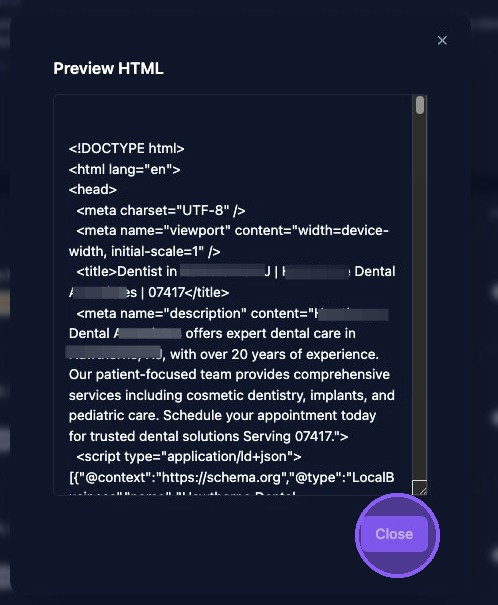 Screenshot showing the HTML code preview window