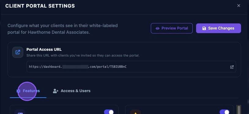 Screenshot showing Client Portal Settings tabs