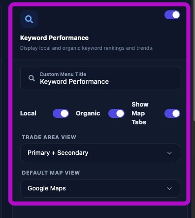 Screenshot showing Keyword Performance feature settings