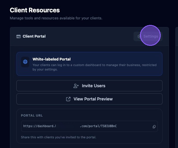 Screenshot showing the Client Portal Settings button