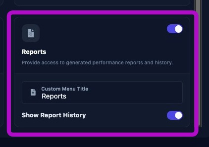 Screenshot showing Reports feature settings