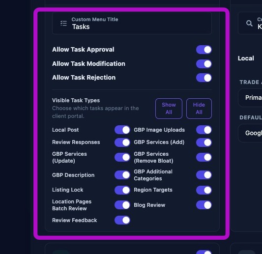 Screenshot showing Tasks feature settings