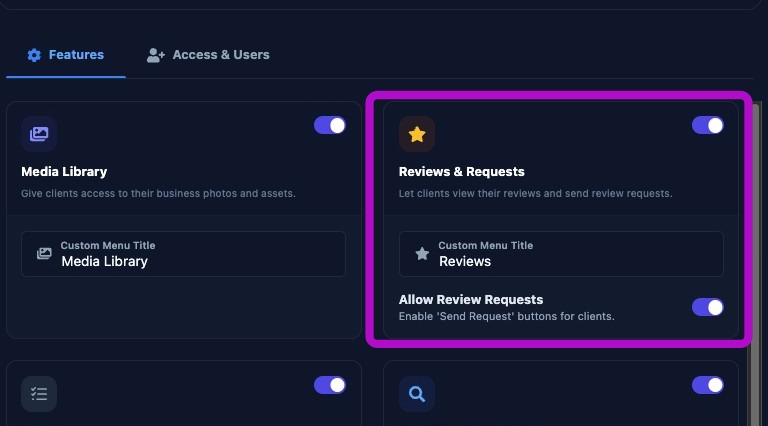 Screenshot showing Reviews and Requests settings