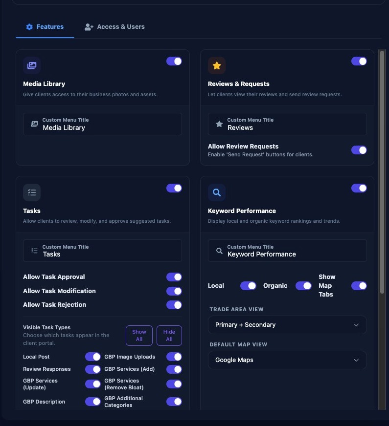 Screenshot showing Client Portal feature toggles