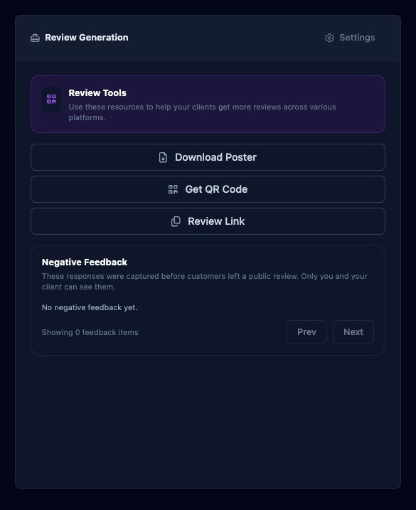Screenshot showing the Review Generation page controls