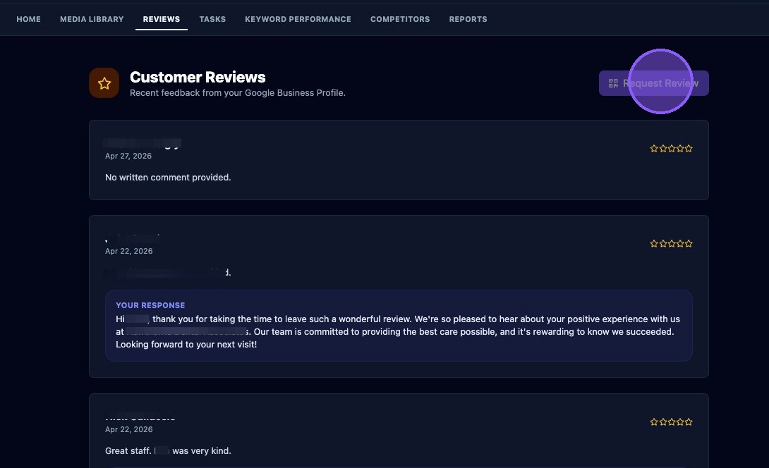 Screenshot showing the Reviews and Requests client view