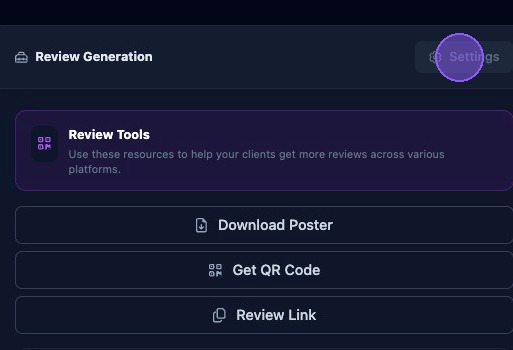 Screenshot showing the Settings button for Review Generation