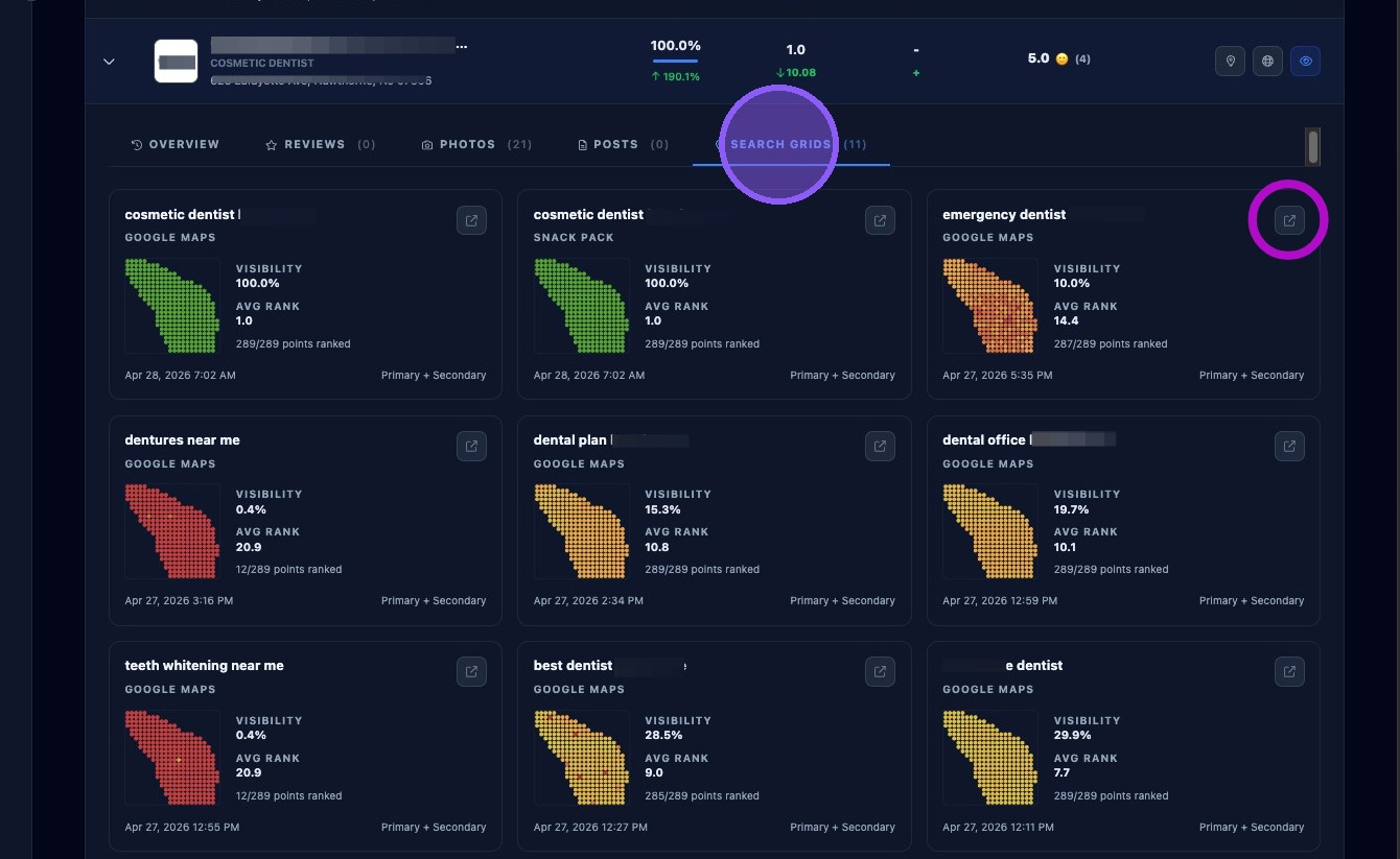 Screenshot showing competitor Search Grid map cards