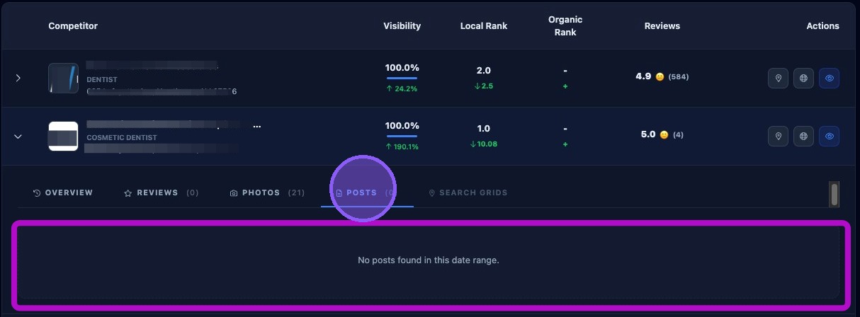 Screenshot showing the competitor Posts tab