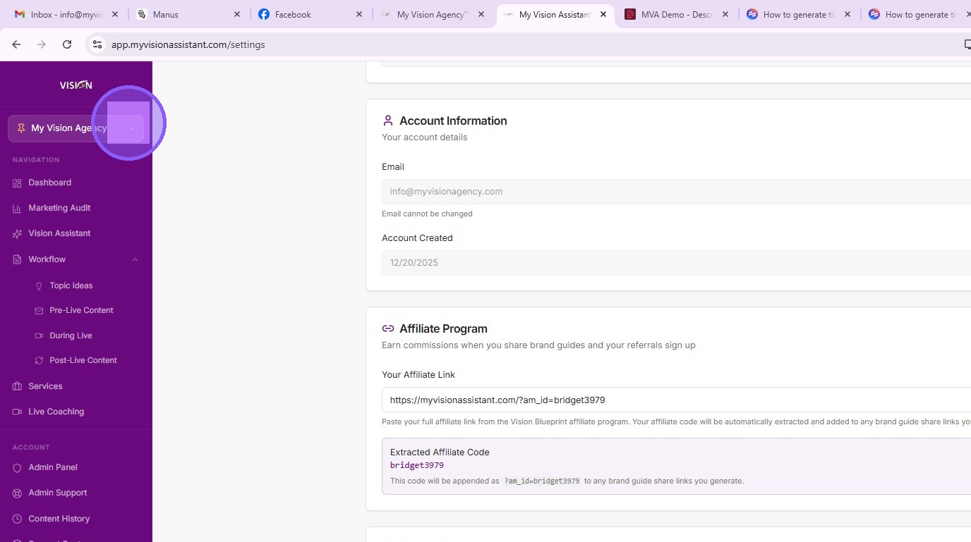 Select the brand you want to share from the sidebar menu to open that brand's settings.