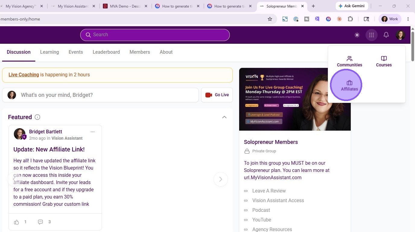 Click the Affiliates tab inside My Vision Agency to open your affiliate dashboard.
