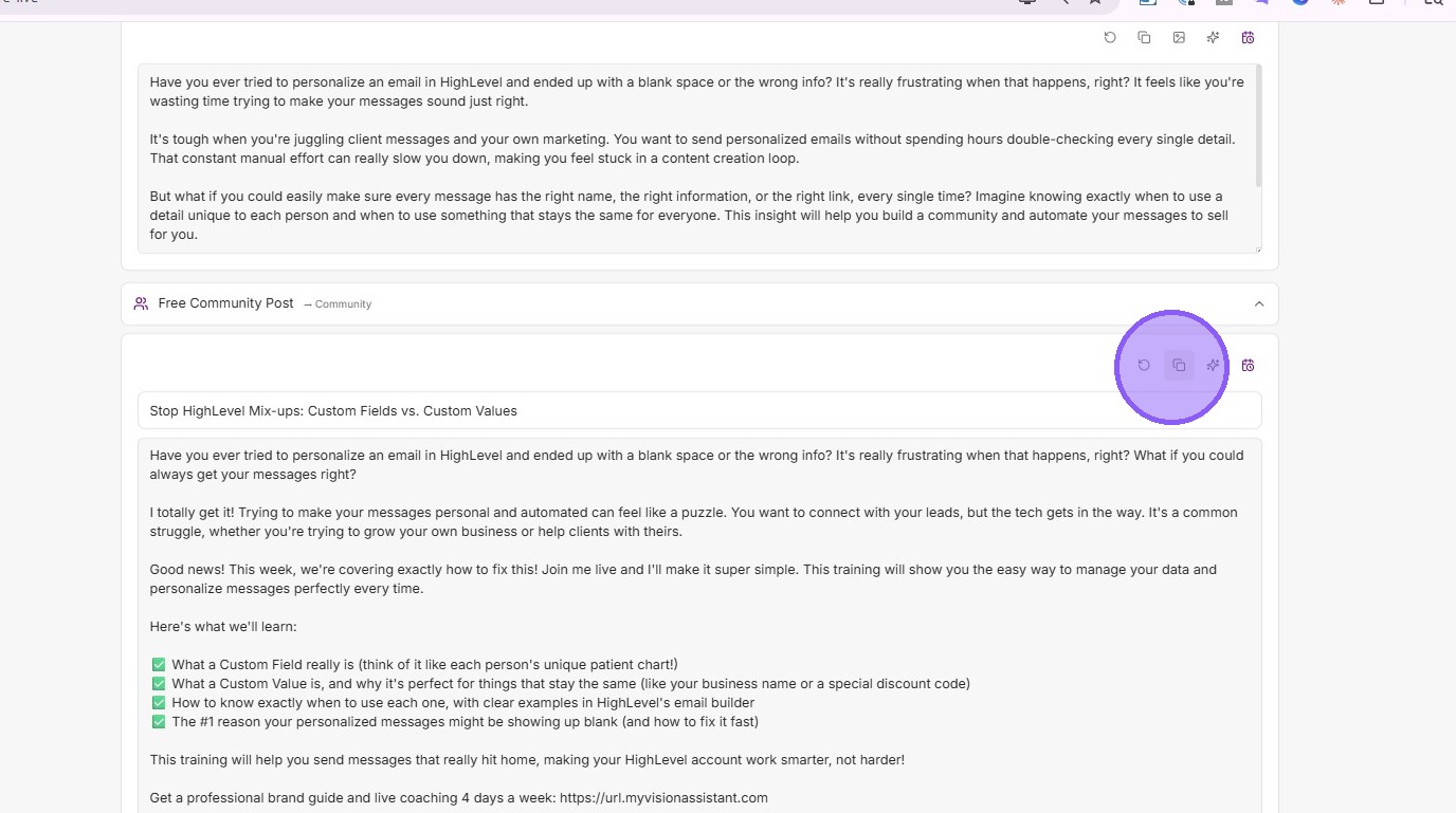 Copy your free community post and title from the Pre-Live page inside My Vision Assistant.