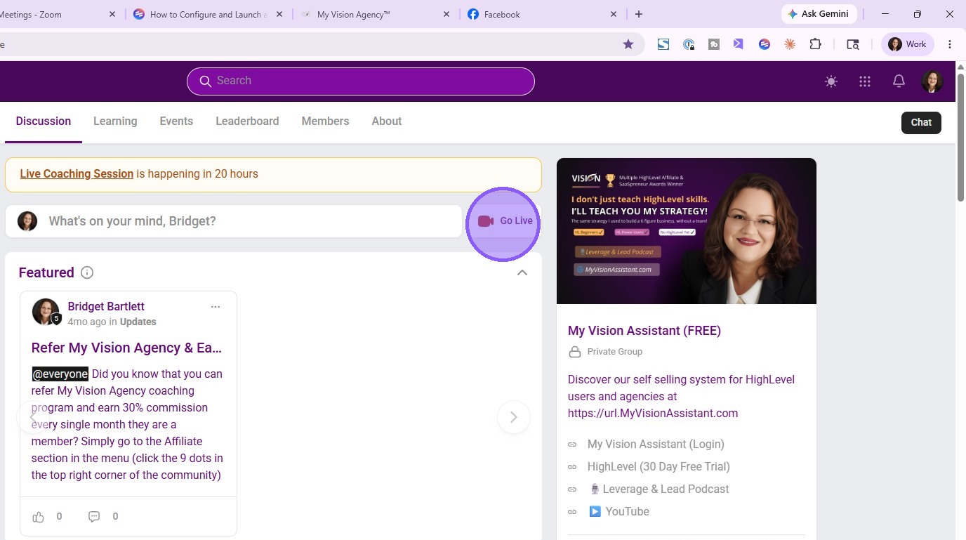 Click the Go Live button inside your free community to open the live stream setup.