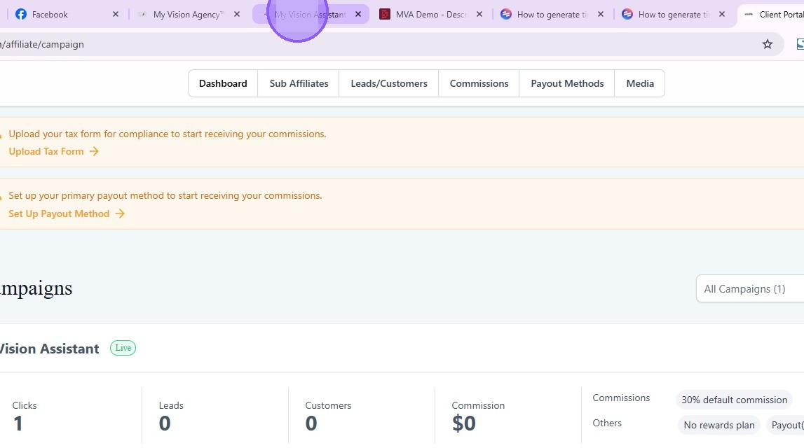 Switch to your My Vision Assistant tab to set up your affiliate link inside MVA.