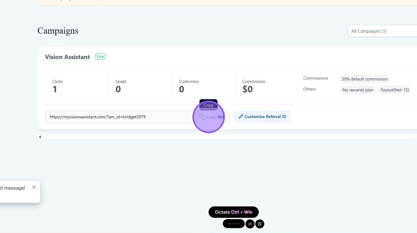 Click the Copy link button to copy your unique affiliate URL to your clipboard.