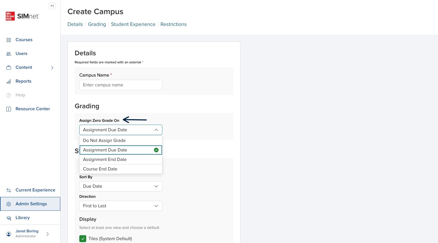 Create Campus settings showing the Assign a zero grade options for overdue work, with an arrow pointing to the zero grade setting.
