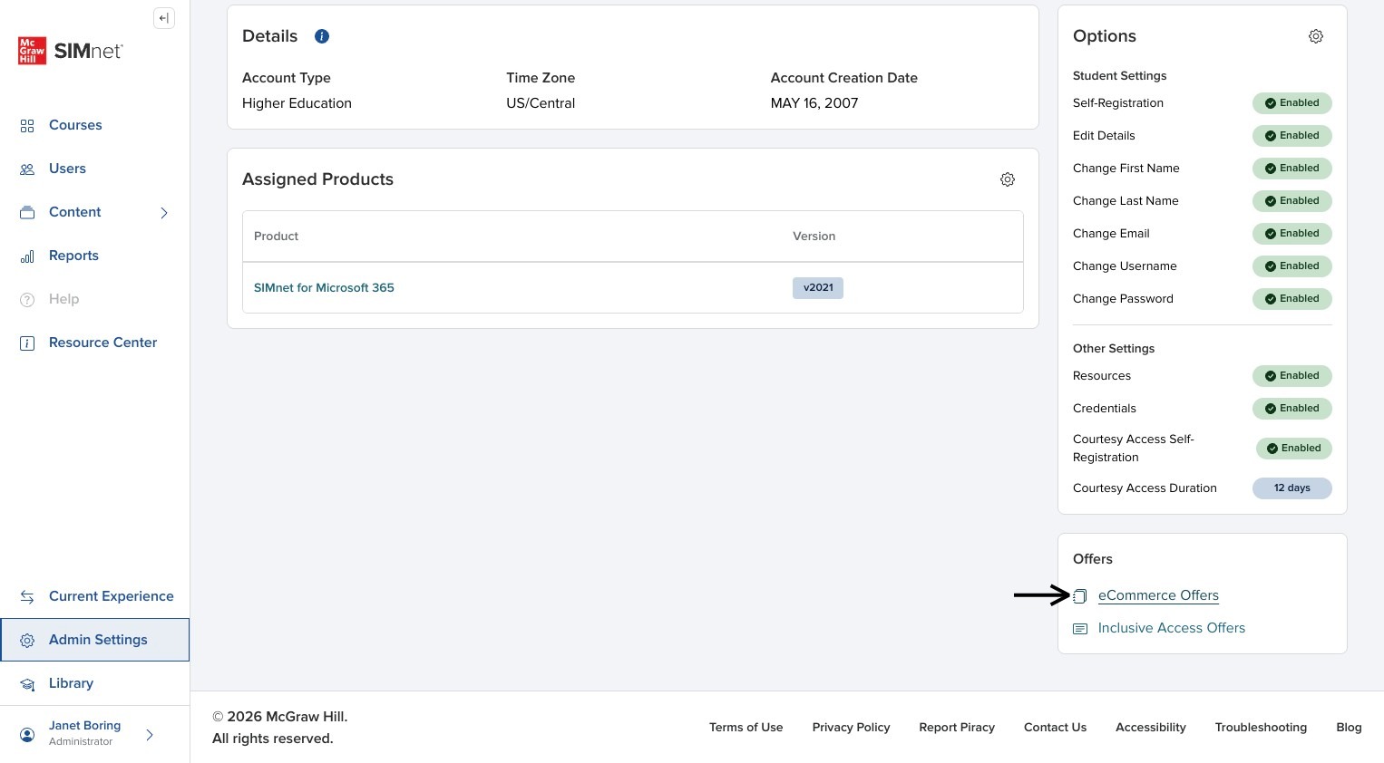 Account offers area with eCommerce Offers available to open in a side panel, with an arrow pointing to eCommerce Offers.