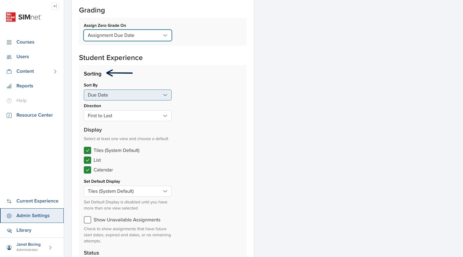 Create Campus settings with Sorting set to Due Date, First to Last, with an arrow pointing to the Sorting setting.