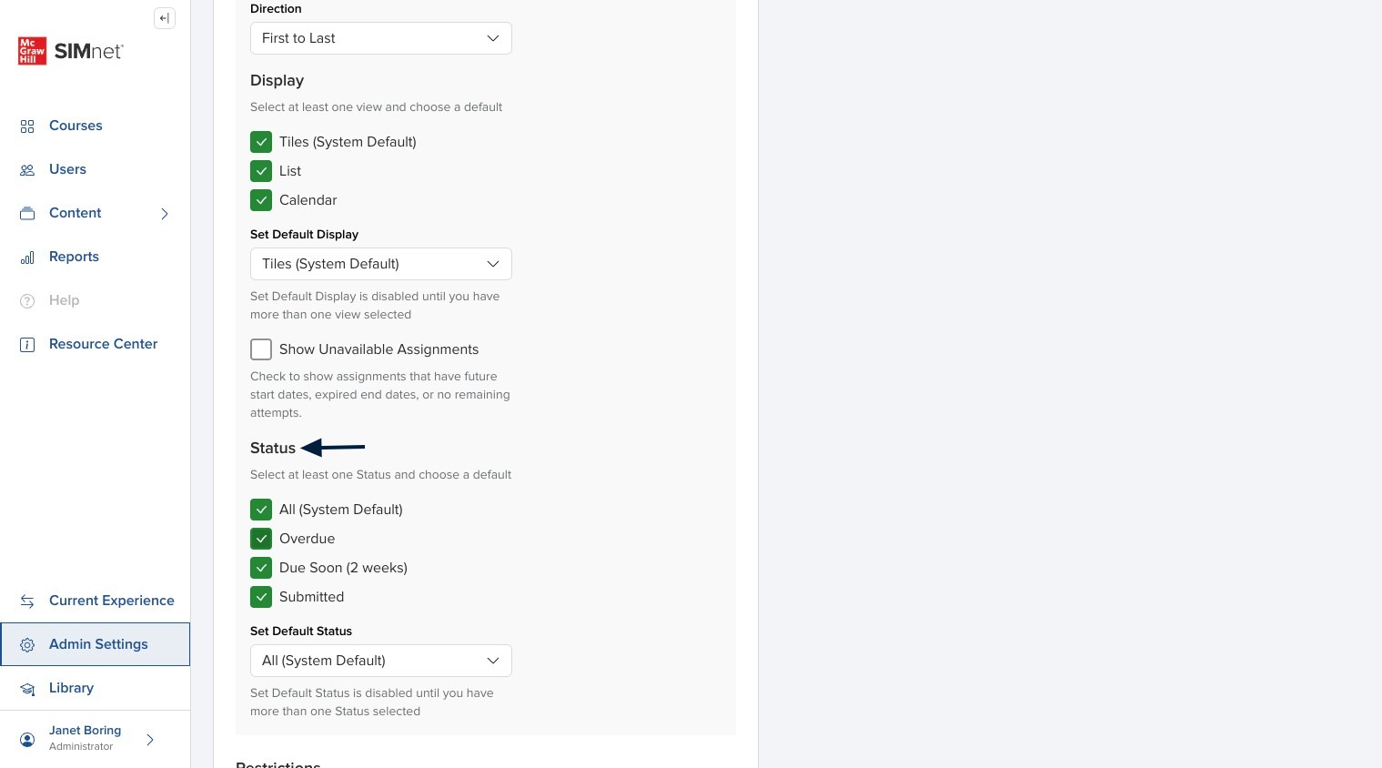 Create Campus settings showing assignment Status filter options, with arrows pointing to the status choices.