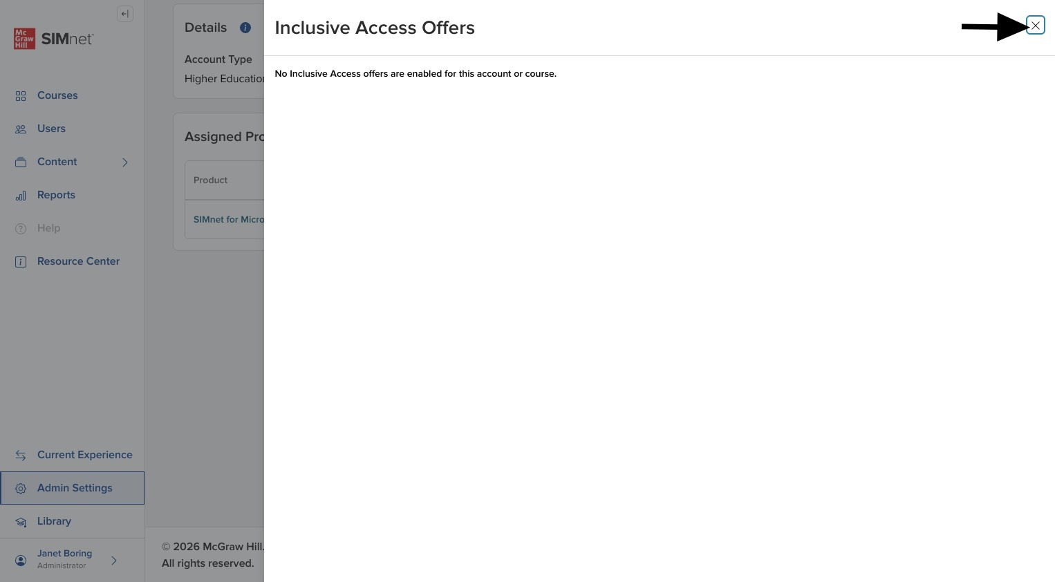 Inclusive Access Offers side panel with view-only account offer details, with arrows pointing to the offer details and the X close button in the upper-right corner.