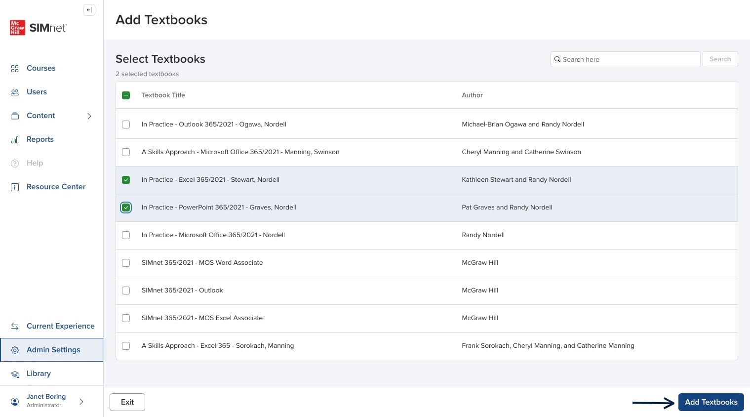 Add Textbooks panel with textbook checkboxes and the Add Textbooks button, with arrows pointing to the selections and Add Textbooks.