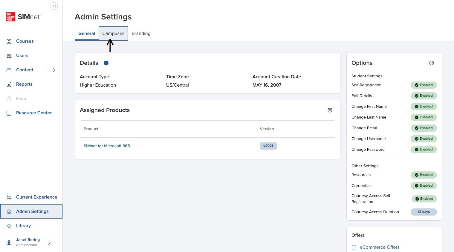 Admin Settings page showing the Campuses tab, with an arrow pointing to Campuses.