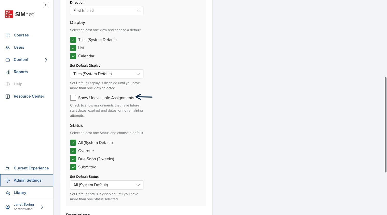 Create Campus settings showing the Show unavailable assignments checkbox, with an arrow pointing to the checkbox.
