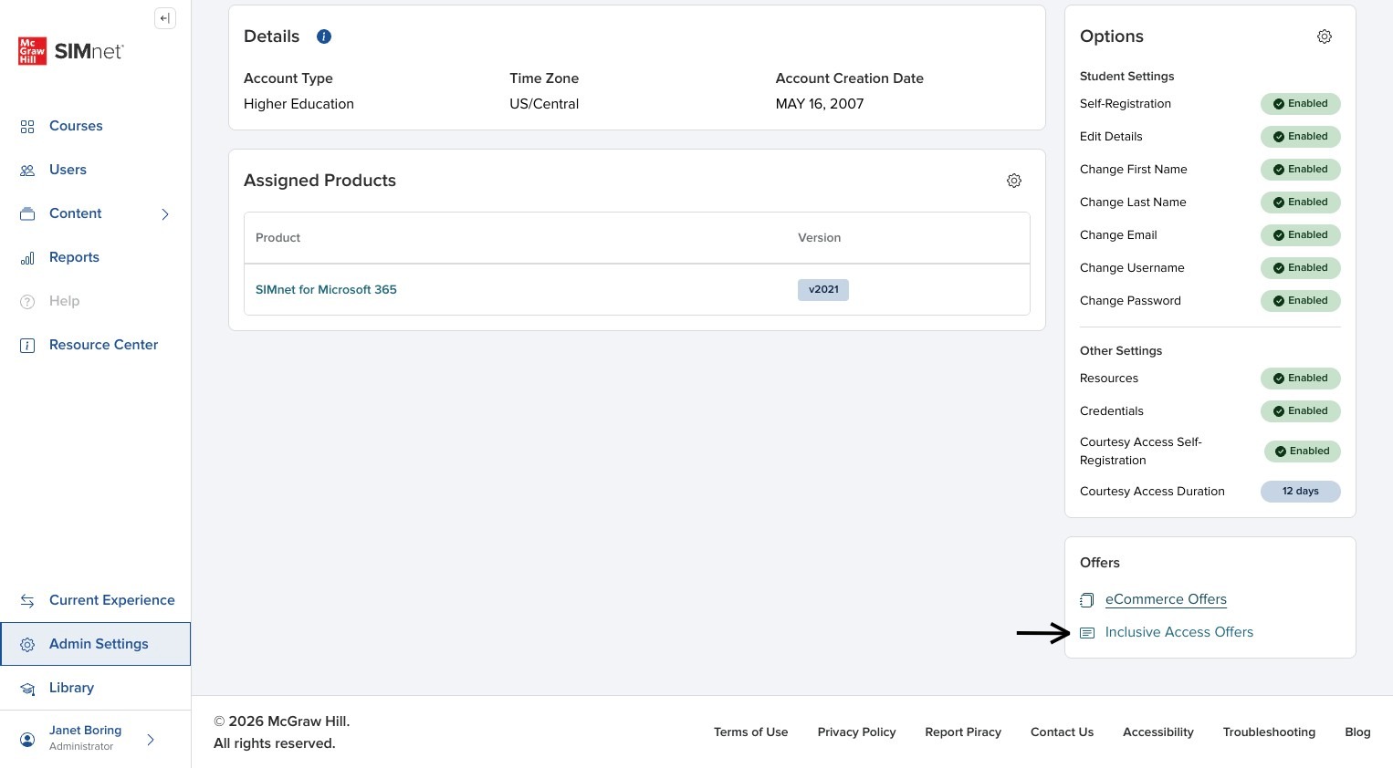 Account offers area with Inclusive Access Offers available to open in a side panel, with an arrow pointing to Inclusive Access Offers.