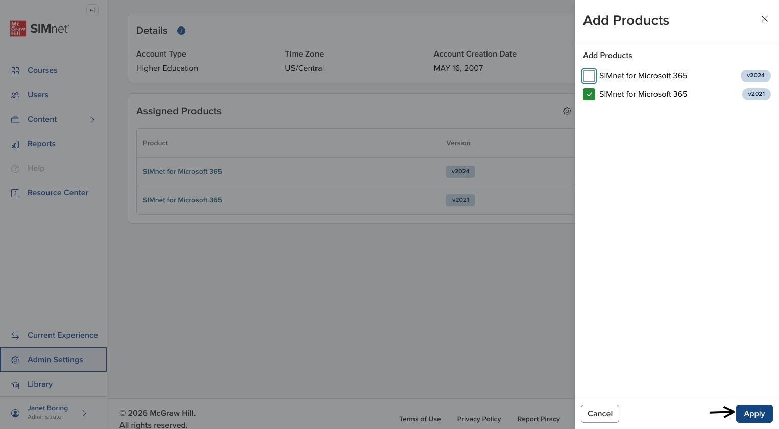 Assigned Products side panel listing available products with checkboxes and an Apply button, with arrows pointing to the product selections and Apply button.
