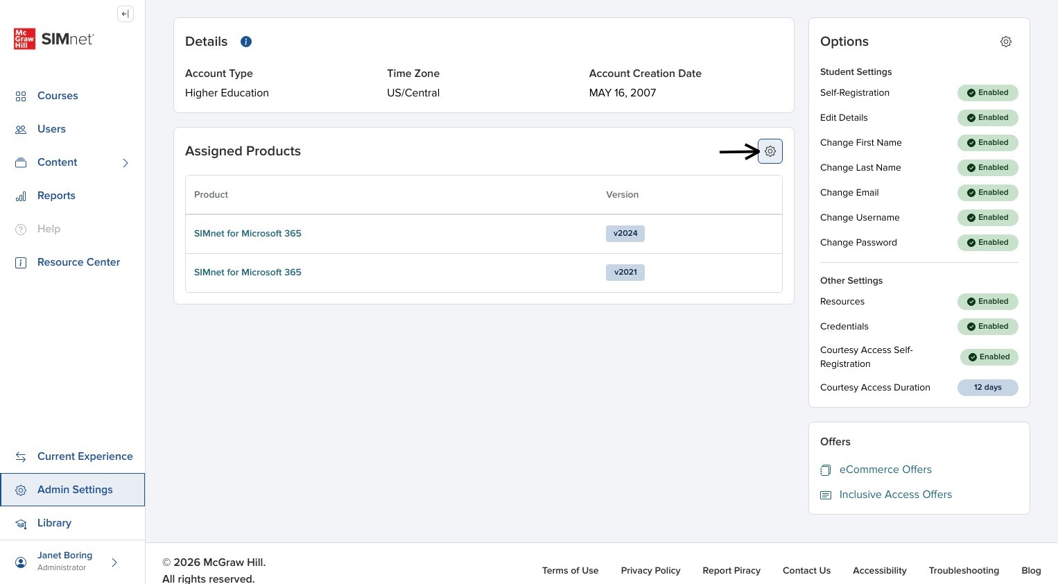 Assigned Products section with the gear icon used to manage products, with an arrow pointing to the gear icon.