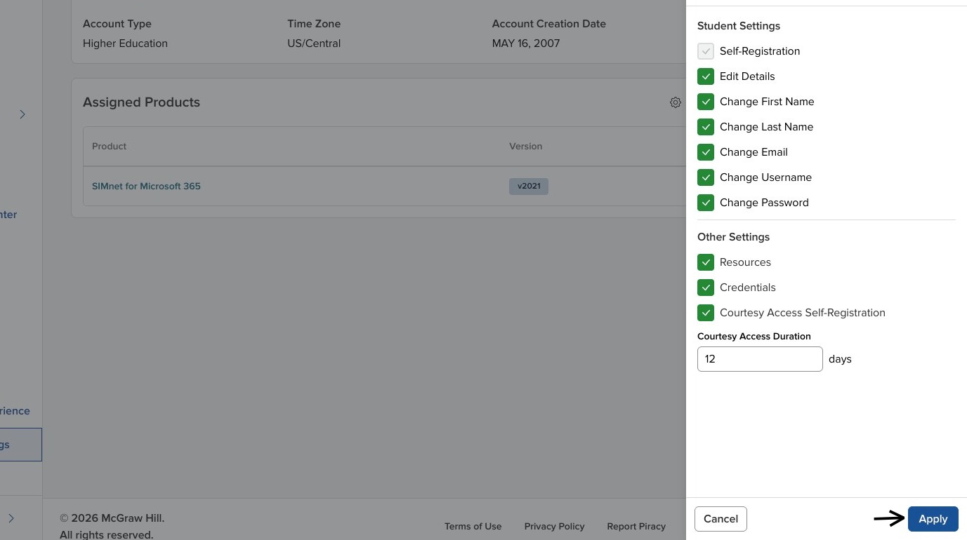 Options side panel showing Student Settings such as self-registration and editing account details, with arrows pointing to the student setting options.