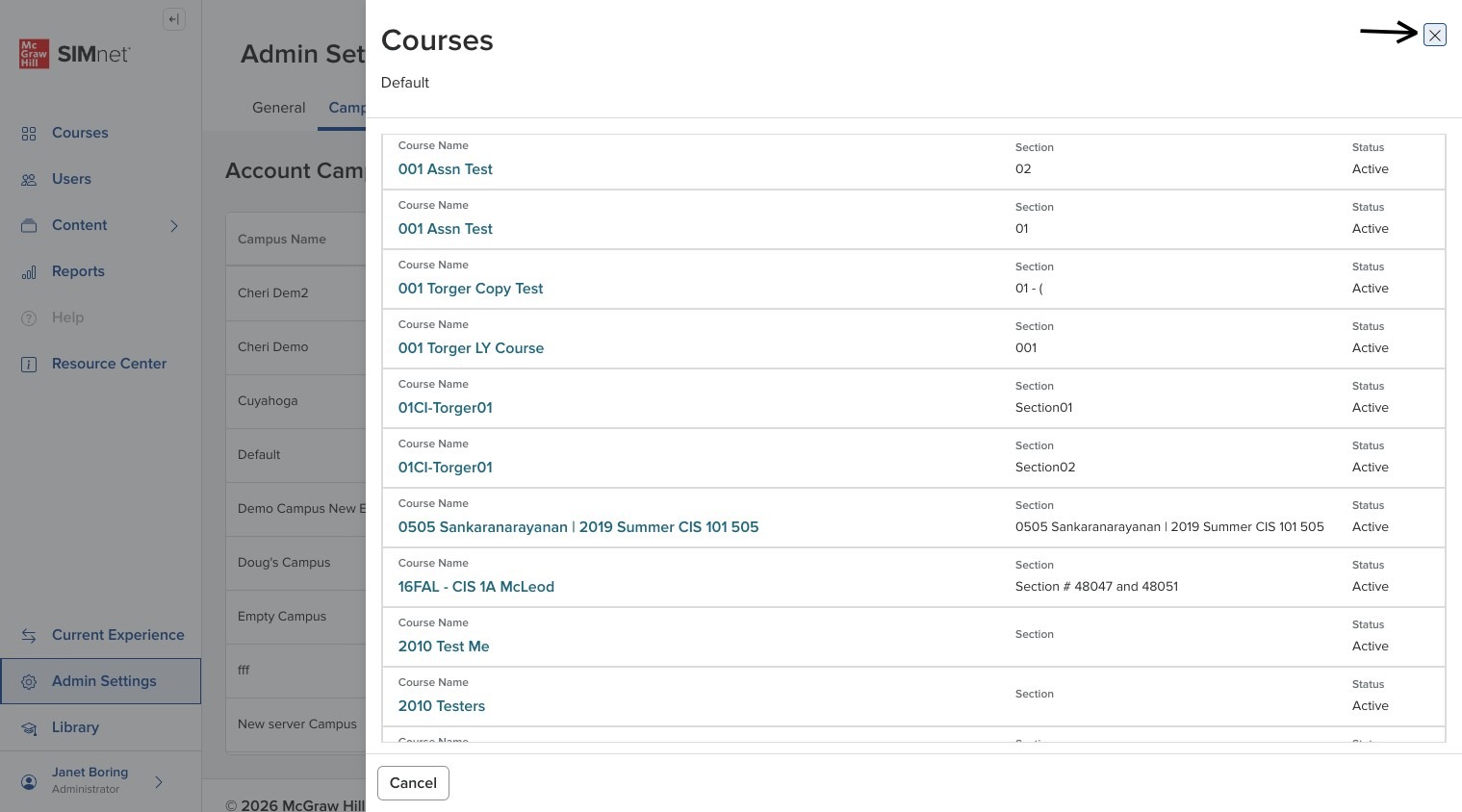 Courses side panel listing linked course titles for a campus, with an arrow pointing to the close button.
