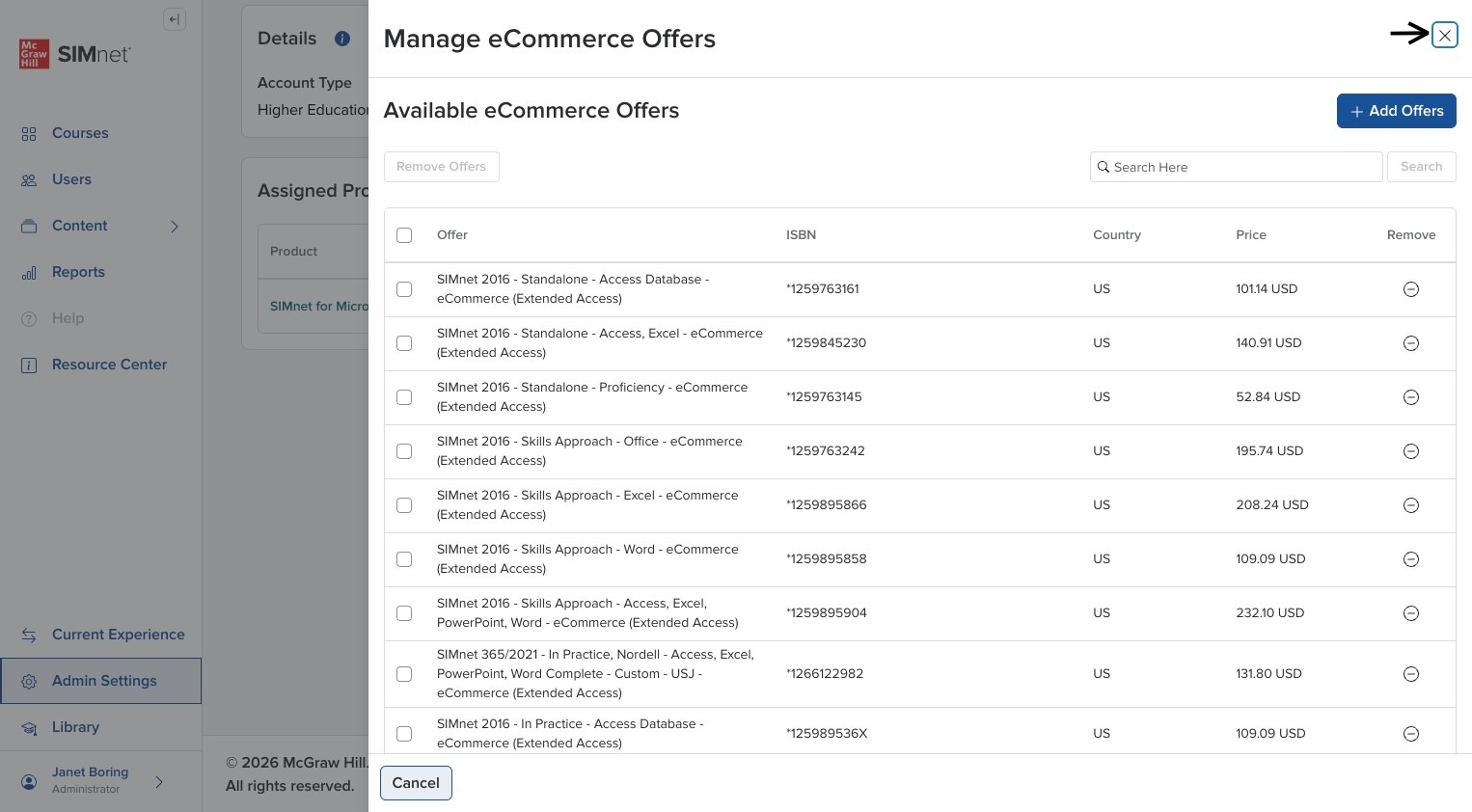 eCommerce Offers side panel showing the offers available for the account, with arrows pointing to the offers and the X close button in the upper-right corner.