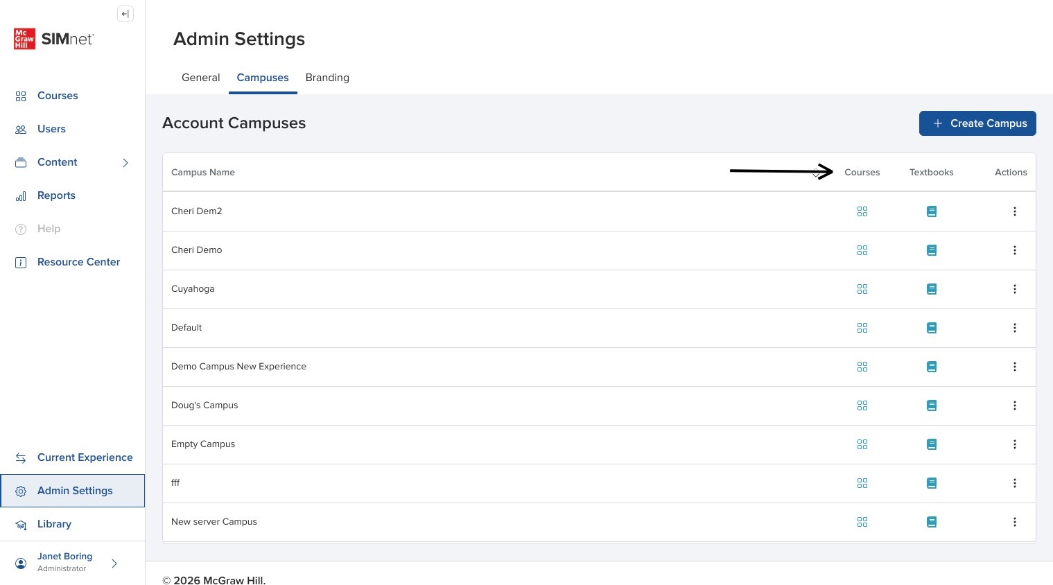 Campuses page showing the campus list and actions, with arrow pointing to Courses, Textbooks, and Actions.