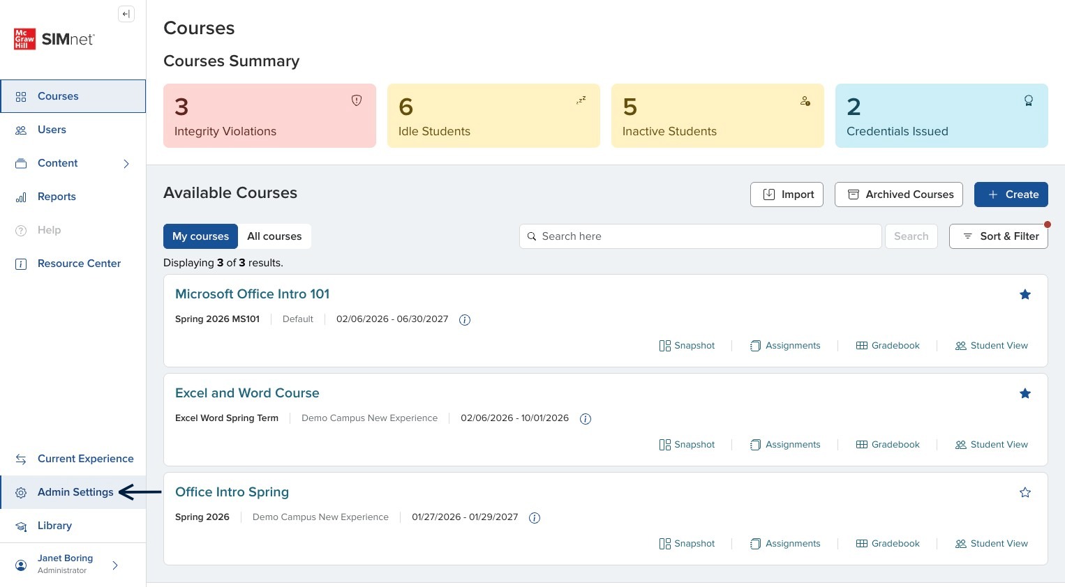 SIMnet navigation with Admin Settings in the lower-left corner, with an arrow pointing to Admin Settings.
